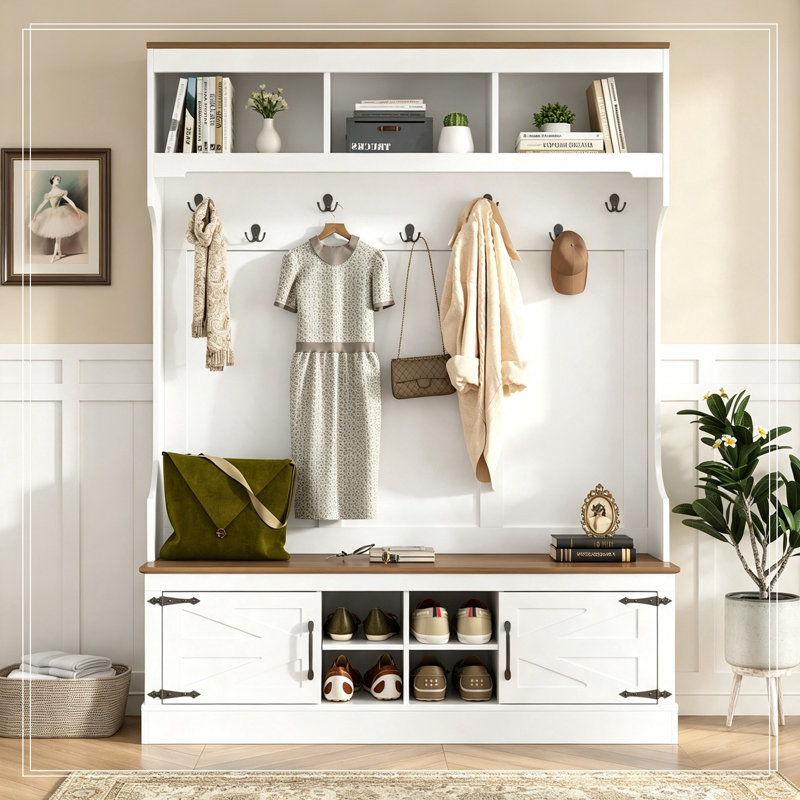 Meuble Dewitt avec banc, rangement pour chaussures, 2 placards et casiers, Blanc