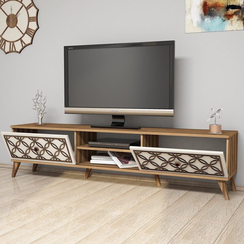 Meuble télé moderne avec de nombreuses tablettes, noyer et crème, 70,9 x 17,3 x 13,8 pouces | 100% panneau de particules enduit de mélamine, épaisseur: 0,7 pouce | Fixation murale, conception géométrique élégante, pieds en plastique durables