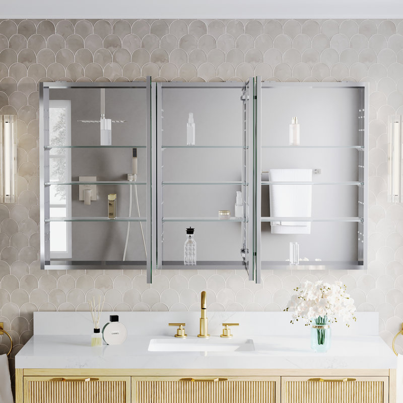 Ensemble d'armoire à pharmacie encastrée ou murale avec miroir de salle de bain et étagères en verre ajustables, 56 po L x 32 po H