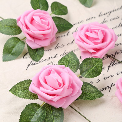 30 pièces fleurs artificielles roses en mousse avec tiges 8 cm fleurs roses