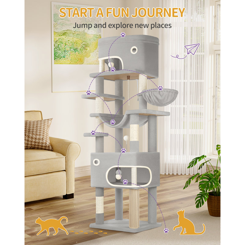 Cat Tree for Indoor Cats, Multi-layer Scratching Post with Large Platform, 2 Caves, 7 Sisal Posts, Pompoms, Cat Basket, Hammock, Suitable for Cats
