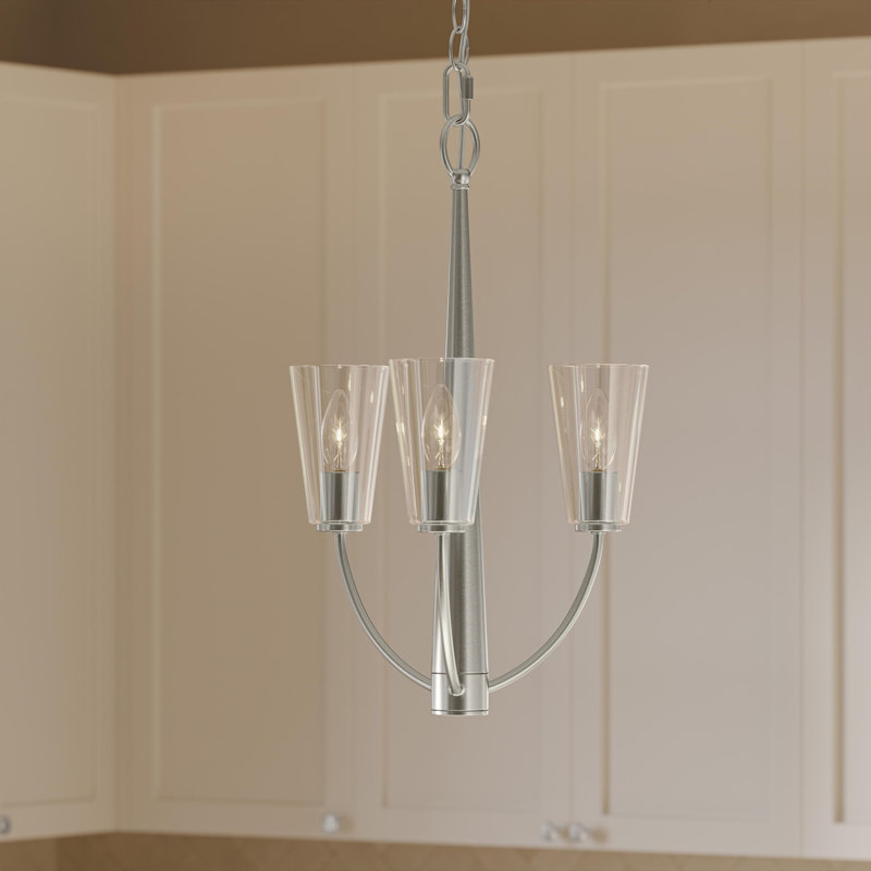 Lustre en nickel brossé à trois lumières avec abat-jour en verre transparent Jheni, 21" H x 14" W x 14" D, Nickel brossé