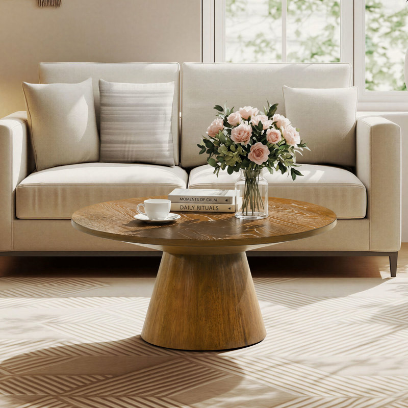 36" Modern Round Solid Wood Coffee Table with Pedestal Base, Farmhouse Style For Living Room and Office, Natural Wood