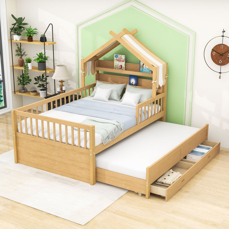 Lit en bois avec lit gigogne et tiroirs de rangement, Lit double, Naturel