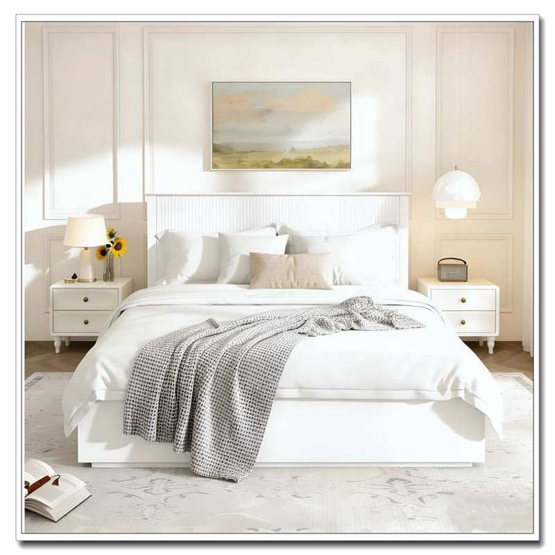 Base de lit en bois massif, White, Queen