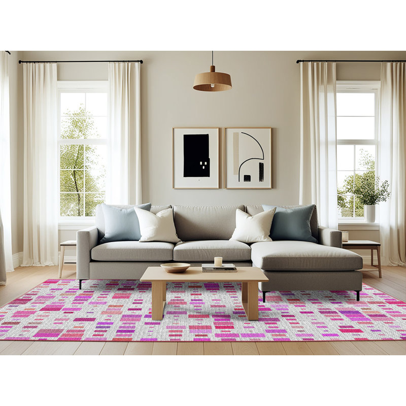 Tapis blanc/rose à motifs, Rectangle 6 pi x 9 pi