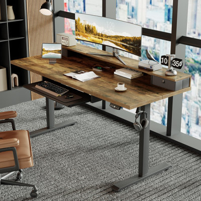 63 Inch Electric Height Adjustable Sit to Stand Desk with 2 Storage Drawers & Pull-out Keyboard Tray, Ergonomic Home Office Computer Workstation with Side Hooks for Gaming & Daily Work, Rustic Brown