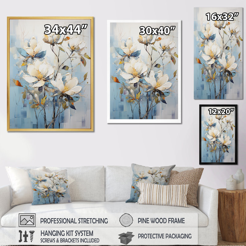 «Blue and White Magnolias Flowers Harmony» sur toile, Cadre naturel flottant, H 32 po x l 16 po x P 1 po