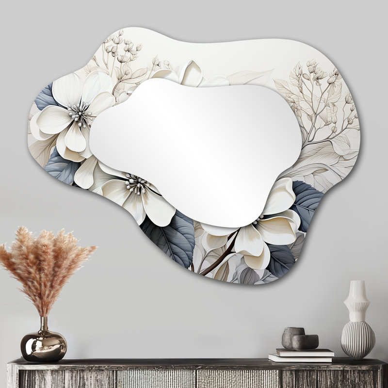 Gris minimaliste Hydrangea Delight I - miroir asymétrique hydrangée, miroir mural décoratif gris nuage, impression sur métal