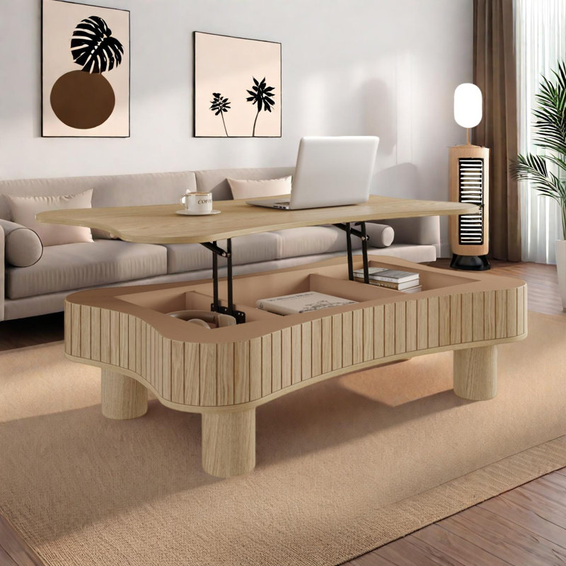 Table basse relevable avec système hydraulique, rangement caché, Bois naturel