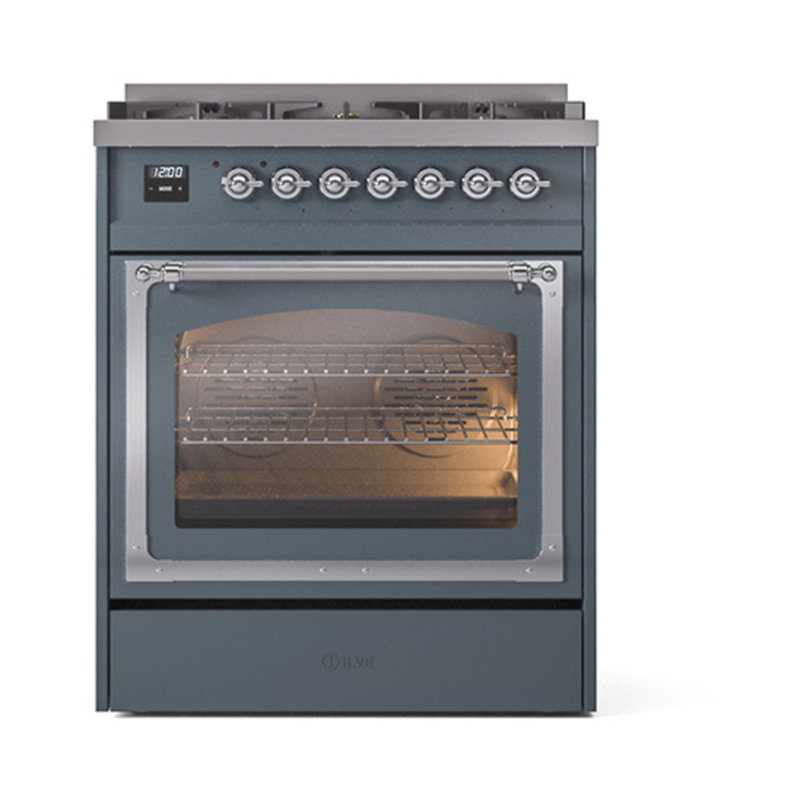 ILVE Nostalgie II Noblesse 30 in Dual Fuel Range, Blue Gray/Chrome, Natural Gas