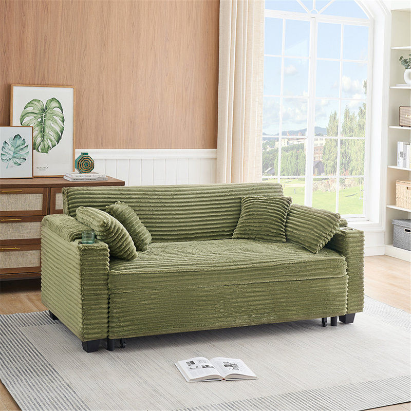 Jeffrey Convertible Corduroy Sofa Bed with Adjustable Backrest & Cup Holders, Green