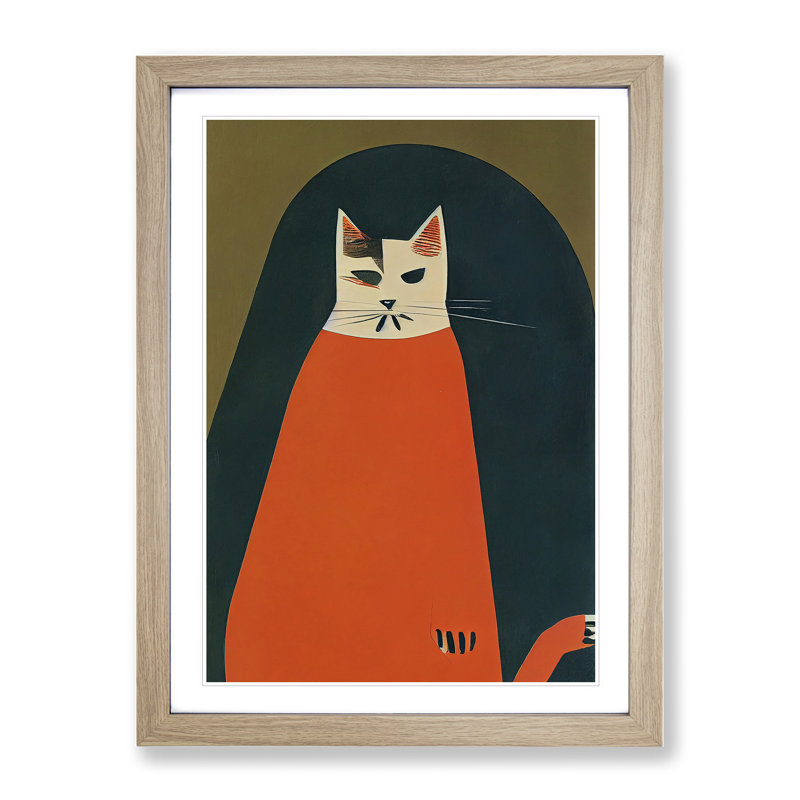 Boho Cat - Wall Art, 36cm H x 27cm W x 2cm D, Oak Framed, White