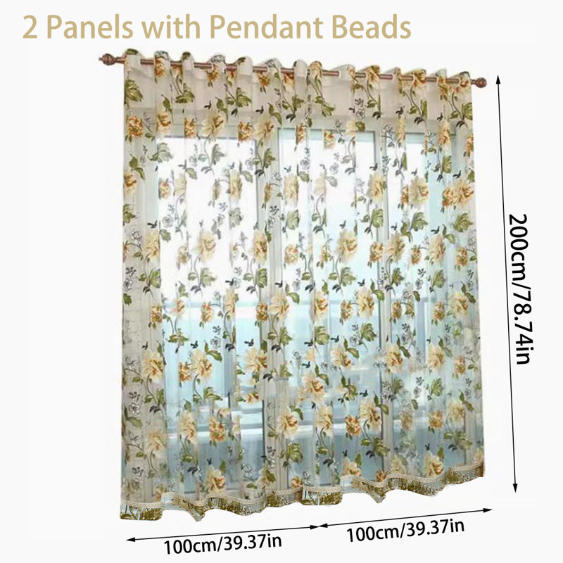 Rose Floral Sheer Voile Curtains With Pendant Beads,Flower Tulle Transparent Window Treatment With Beads For Living Room Bedroom, 39 × 79 Inch Each, 2 Panels/set