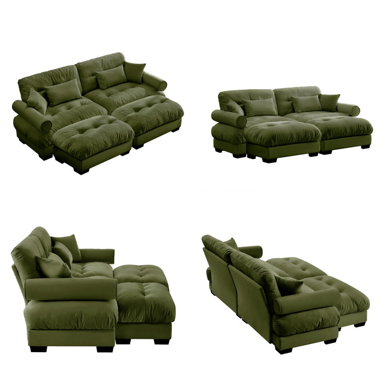 Canapé double surdimensionné en velours moderne avec accoudoirs rembourrés ronds et repose-pieds avec coussins lombaires et coussins décoratifs