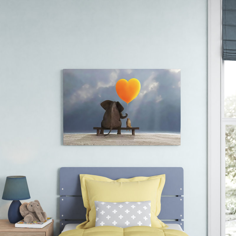 Elephant And Dog Holding A Heart Shaped Balloon by Mike Kiev - Wrapped Canvas Print, 101.6 cm H x 66.04 cm W x 3.175 cm D