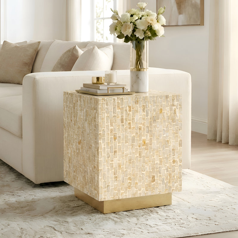 Shell Inlay Side Table With Metal Base, Modern End Table For Living Room/Bedroom/Guest Room, Yellow