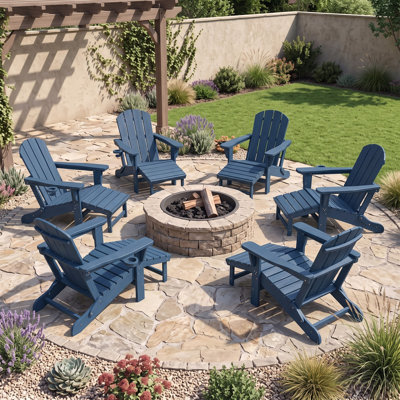 HDPE Folding Reclining Fire Pit Adirondack Chair with Pull Out Ottoman (Set of 6)