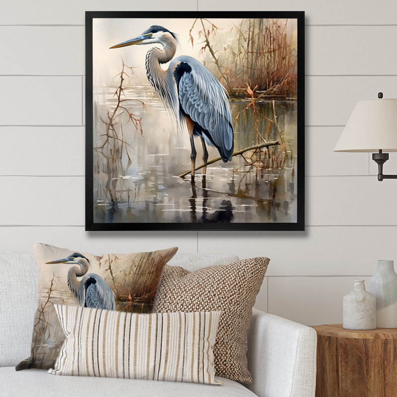 «Graceful Heron Waterbird IV - Heron», art mural, H 16 po x l 16 po, Cadre photo unique, Noir