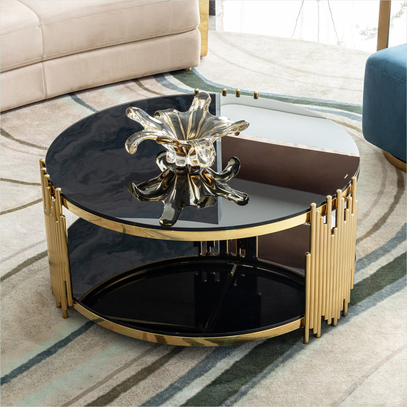 Table basse carrée avec verre trempé double couche et structure en acier inoxydable doré, 31,5 pouces, ton noir