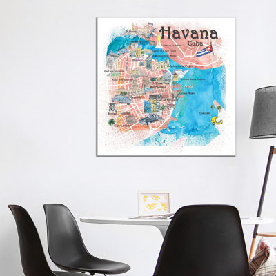 Havana Cuba Illustrated Map by Markus & Martina Bleichner - Wrapped Canvas Gallery-Wrapped Canvas Giclée