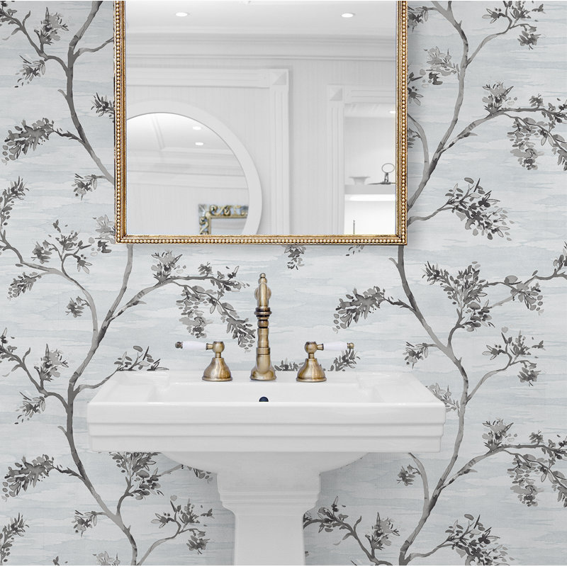 Papier peint floral Botalla, Bleu délavé / gris anthracite