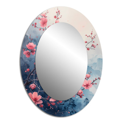Grand miroir mural ovale en métal rose cerise et fleur de rêve