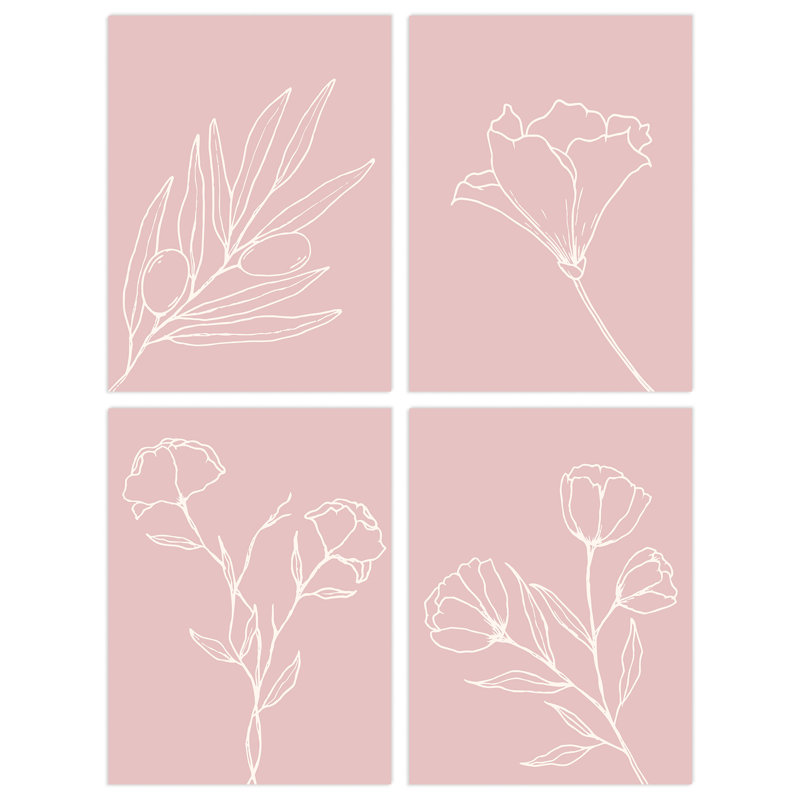 Minimalist Wildflower Outline Cream On Pastel Pink Simple Floral - 4 Piece No Frame Print Set, 40.5cm H x 30.5cm W x 0.3cm D