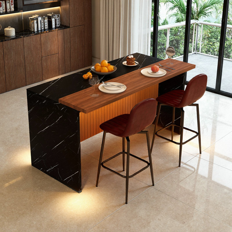 Ensemble d'îlot de cuisine 63 pouces avec 2 tabourets de bar - surface d'aspect marbre avec éclairage DEL, Table, 2 chaises