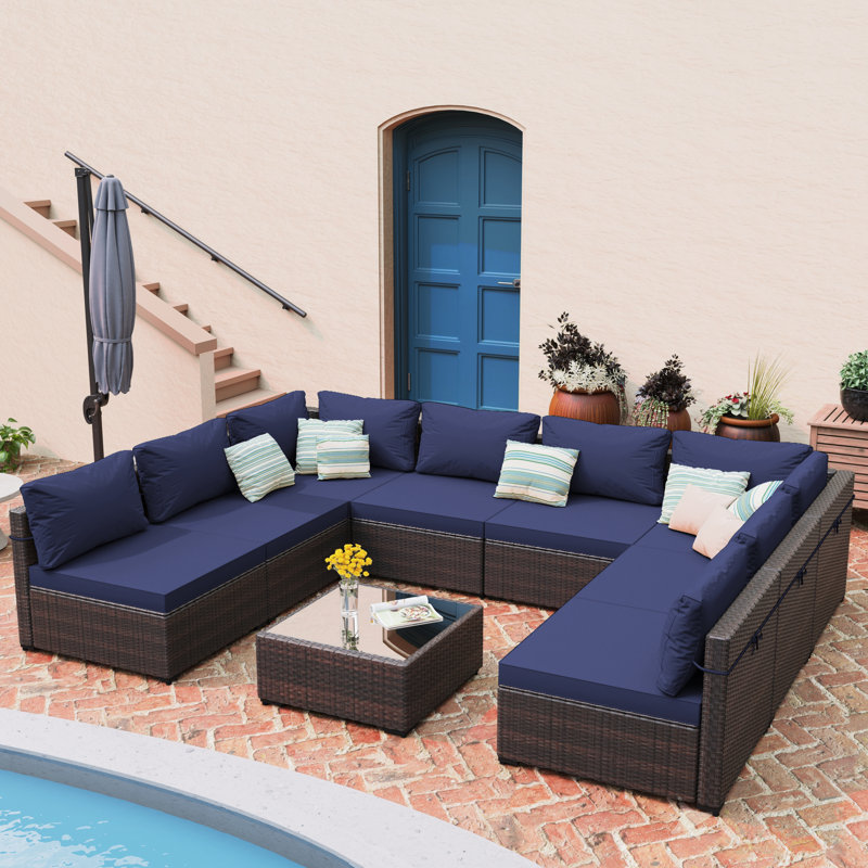 9-piece wicker patio conversation sets with cushions, Navy Blue