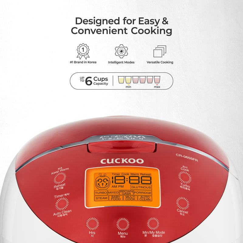 CUCKOO Micom Rice Cooker & Warmer, 6 cups, LCD-Display 11-Menu Options, Turbo, Mixed, and Brown/GABA, Porridge, Steam MultiCook, My Mode, 16-Various Cooking Methods, Red/White