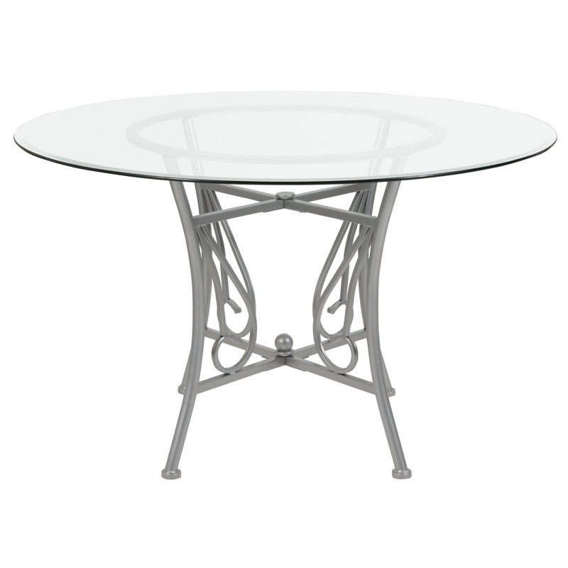 Corkey North 42'' Round Glass Dining Table with Curl Accent Matte Metal Frame, 29" H x 48" L x 48" W, Gold/Clear