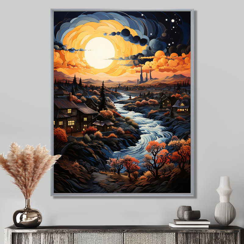«Van Gogh», reproduction d'art sur toile, «Vangogh Village At Sunset I», H 32 po x l 16 po x P 1 po, Encadrement argenté