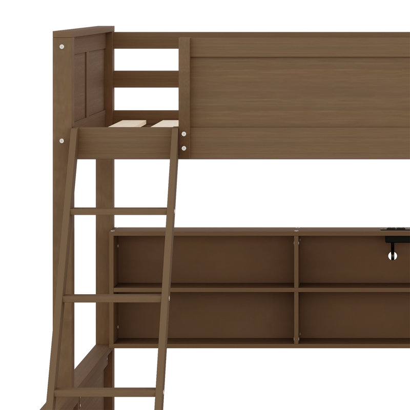 Bunk Bed With Storage Cabinets And USB Ports, Antique Wood, Twin XL Over Queen