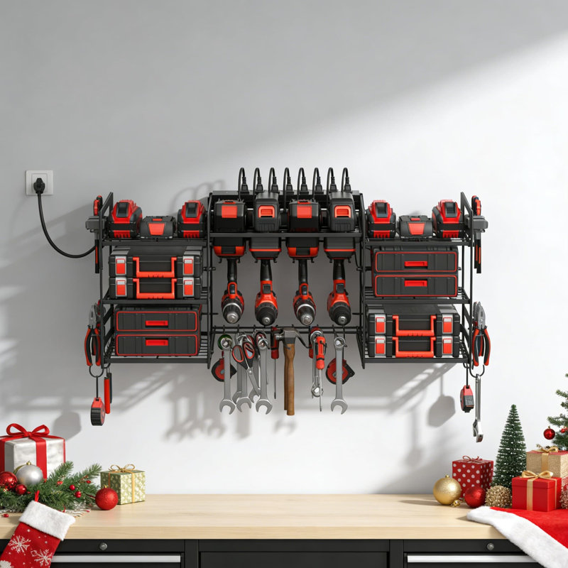 Rangement mural pour outils électriques avec station de charge - Support en métal pour perceuses, piles et accessoires, Rouge