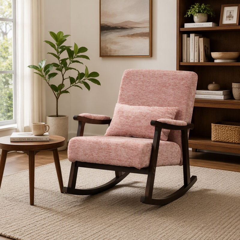Fauteuil rembourré moderne, chaise berçante avec structure en bois massif, Chenille rose