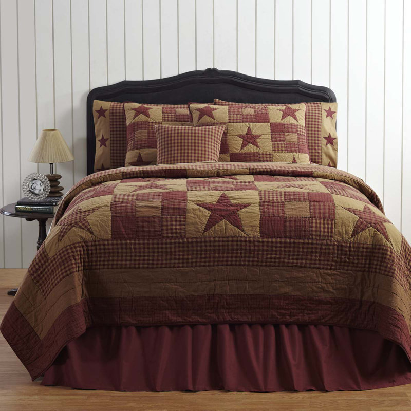 Ninepatch Star Twin Reversible Cotton Quilt in Burgundy and Tan