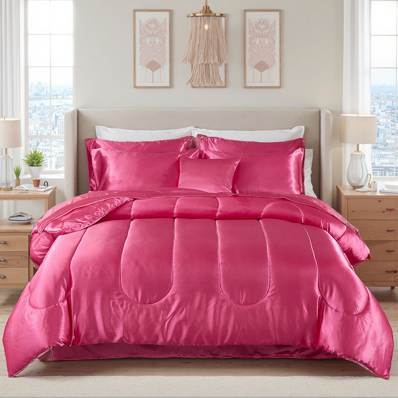 Ensemble d'édredon en satin pour lit très grand 8 pièces Satin Like Hot Pink, Édredon très grand + 7 pièces supplémentaires