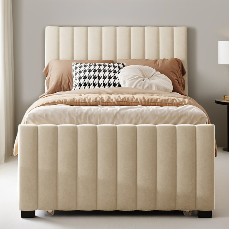 Velvet Upholstered Platform Bed Frame with Trundle, Beige, Twin