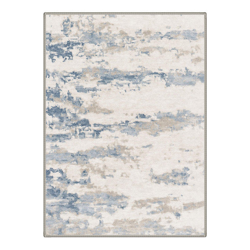 Tapis abstrait ivoire / bleu lavable à la machine avec envers antidérapant, Rectangle 5 pi x 7 pi