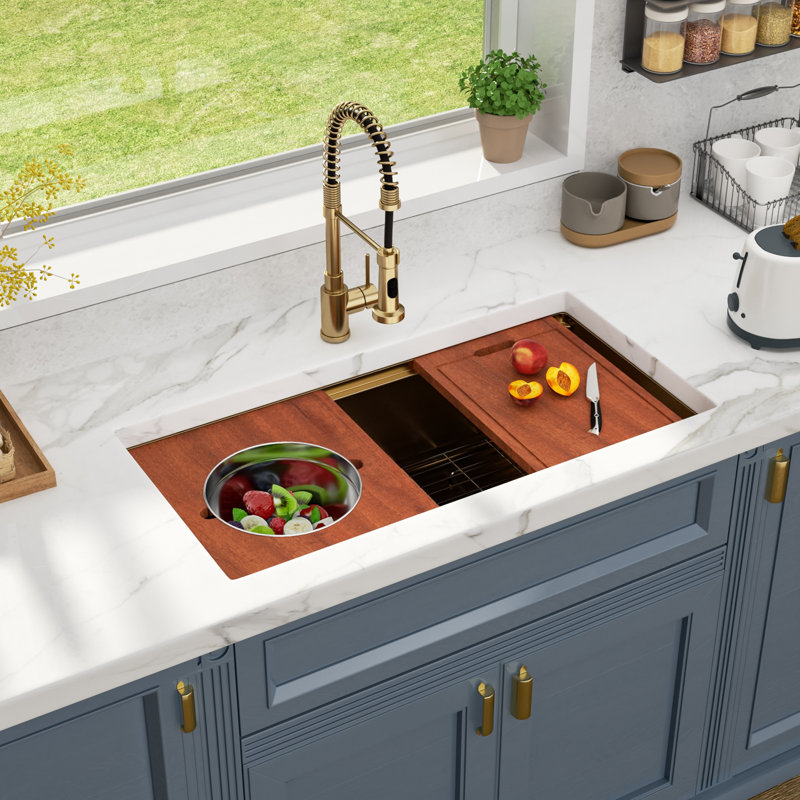36x19 Inch Workstation Sink Undermount Stainless Steel 16 Gauge Single Bowl Kitchen Sinks with Mixing Bowls, Gold