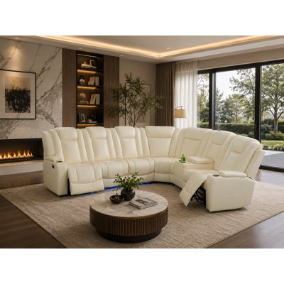 184.5" Off-White Top-Grain Leather 3-Piece Sectional Sofa
