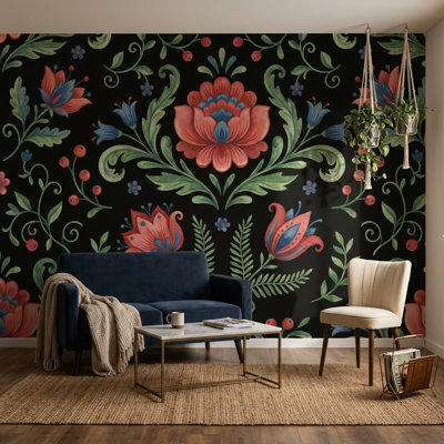 Papier peint damassé symétrique Folk