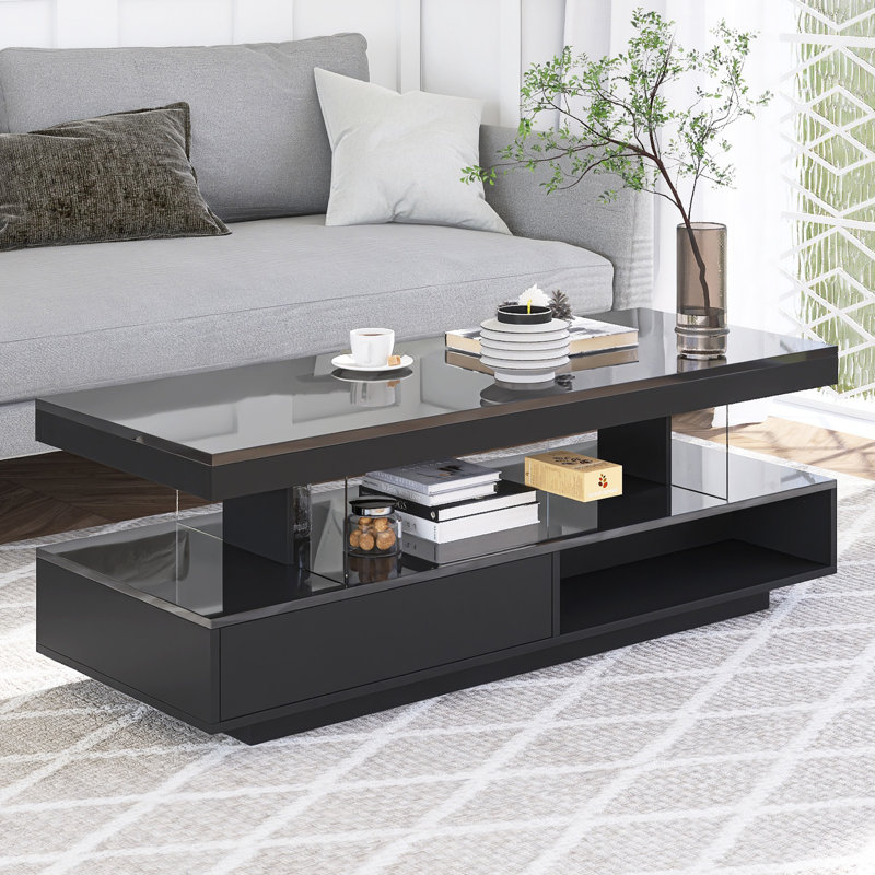 Table basse moderne à DEL avec 2 tiroirs, tablettes, Black