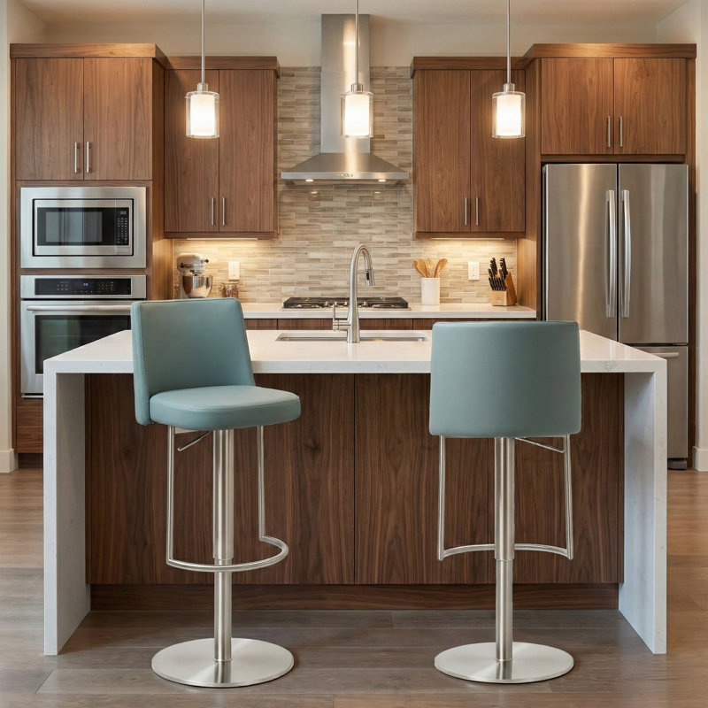 Bergamyer Swivel Upholstered Adjustable Height Counter Stool with Metal Frame, Teal/Silver