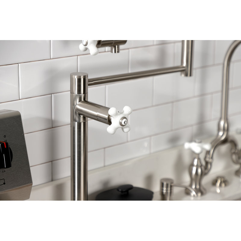 Kingston Brass Two-Handle 1-Hole Deck Mount Pot Filler Faucet, Brushed Nickel/White