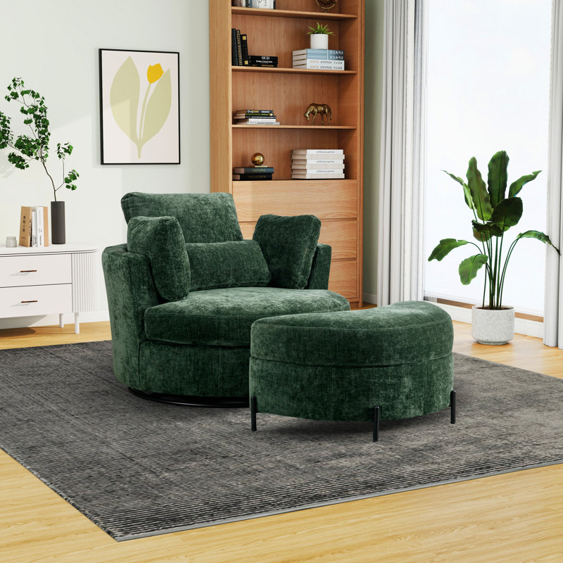 Achorn Upholstered Slipcovered Swivel Barrel Chair with Ottoman, Green Chenille