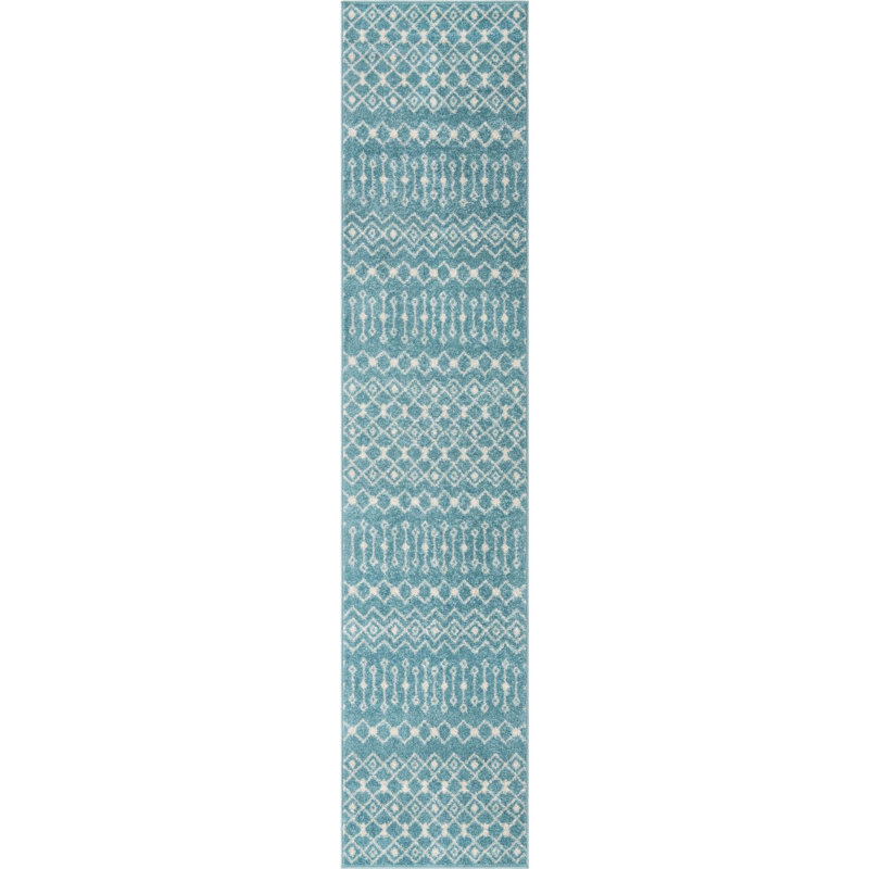 Tapis bleu turquoise en polypropylène tissé à la machine Briehn, Tapis de couloir 2 pi 7 po x 12 pi