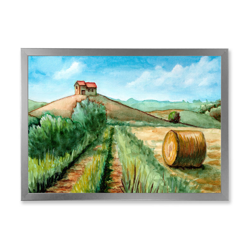 Paysage de récolte champêtre - Peinture sur toile, H 34 po x l 44 po, Cadre photo argenté
