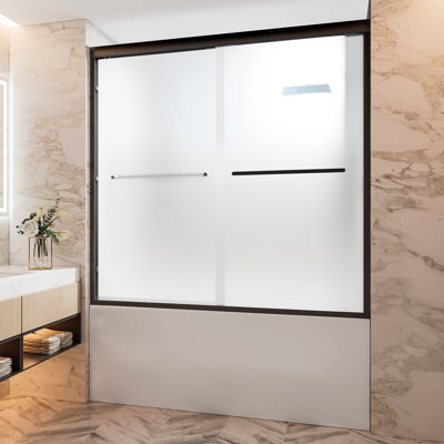 Porte de baignoire double coulissante 60 po x 58 po en aluminium trempé 1/4 po en verre trempé noir mat